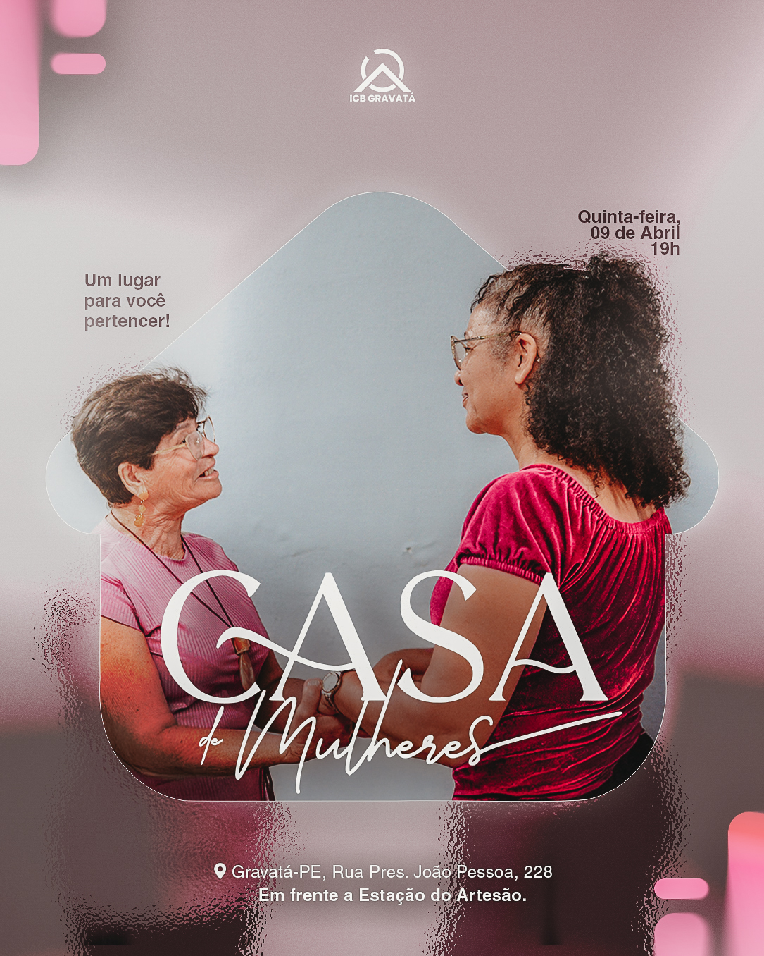 Chegamos a Abril e nossa igreja quer te convidar para algo muito especial.  Nesta quinta-feira, teremos o nosso segundo encontro da Casa de Mulheres, onde mais do que uma reunião, é teremos um tempo de troca uma com as outras, de renovo e de fortalecer os laços que nos unem. Se você esteve no primeiro, sabe do que estamos falando e se você ainda não veio, o seu lugar já está reservado e estamos ansiosas para te conhecer!🤍

Será na nossa ICB Gravatá, nessa Quinta-feira, às 19h
Vem fazer parte do nosso projeto Sou Casa e vem ser Casa com a gente! 🥰